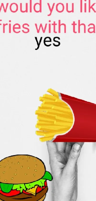 Minimalist fast food art with hands, burger, fries, and playful text.