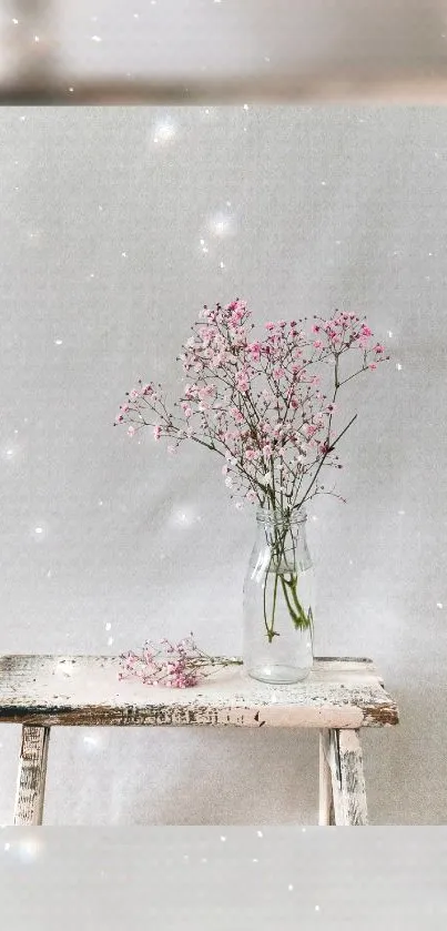 Minimalist pink floral wallpaper with a glass vase on a rustic stool.