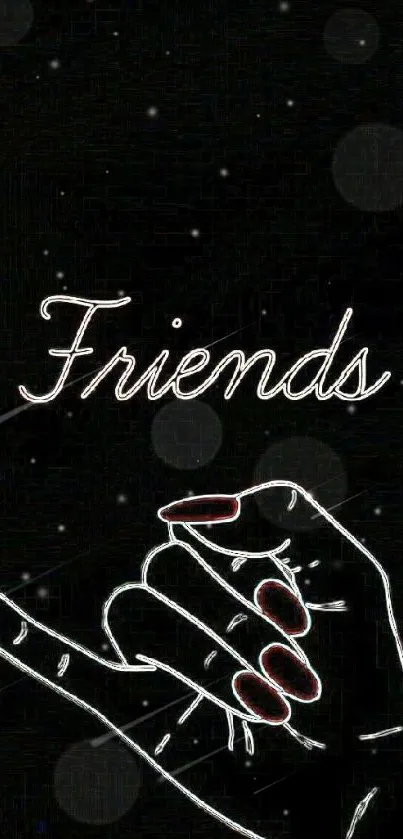 Minimalist line art of hand with 'Friends' text on black background.