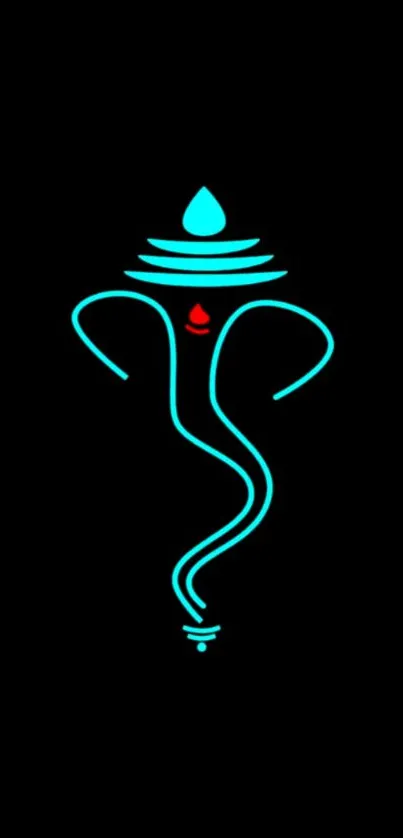 Minimalist Ganesha design on black background with turquoise lines.