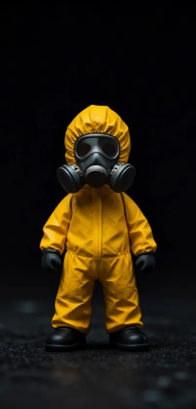 Character in yellow hazmat suit with gas mask on dark background.