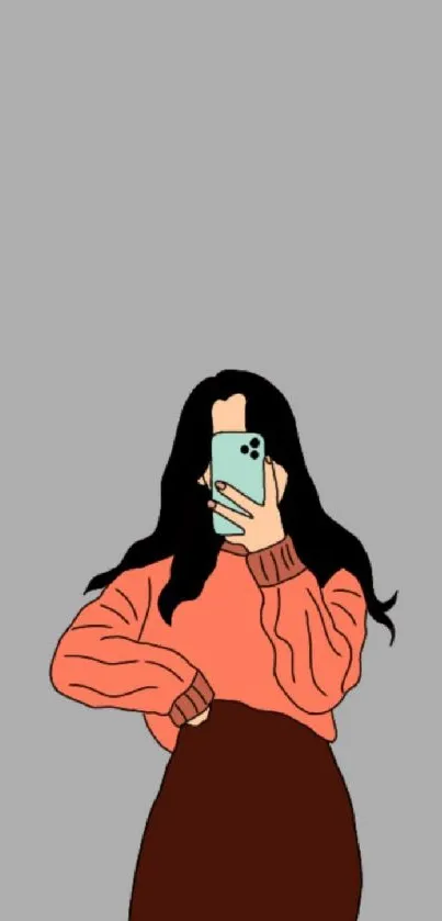 Minimalist illustration of a girl holding a smartphone with a gray background.