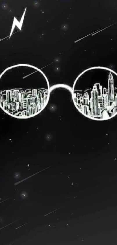 Minimalist glasses reflecting a cityscape on a black background.