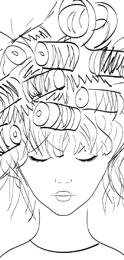 Line art of a woman with hair rollers, minimalist style.