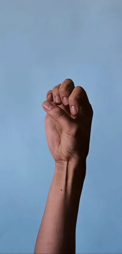 Raised hand against a light blue background, symbolizing strength.