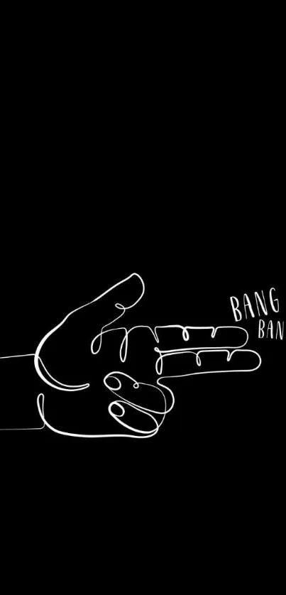 Minimalist hand gesture with 'bang bang' on black background.