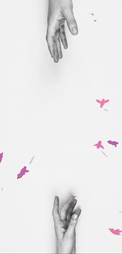 Minimalist wallpaper with hands and pink birds on white.