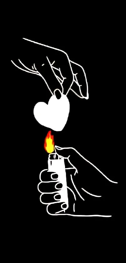 Minimalist black wallpaper with heart and flame art design.