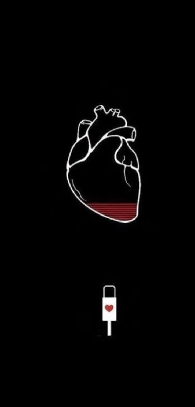 Minimalist heart charging wallpaper with black background.