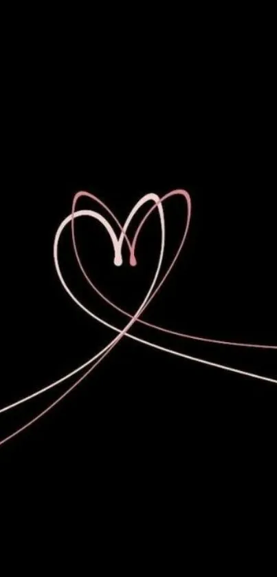 Minimalist heart line art on a black backdrop, featuring pink and white strokes.