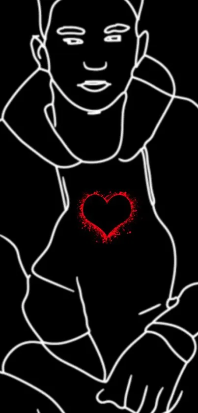Minimalist line art with red heart on black background.