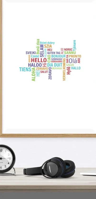 Minimalist word art poster with 'Hello' in various languages on a white background.