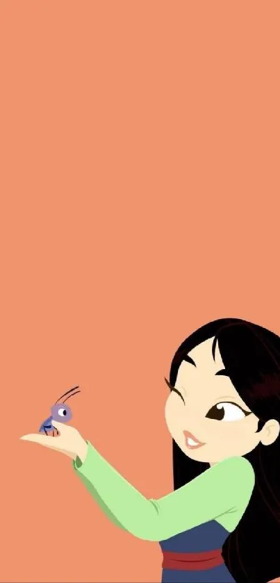 Cartoon character with a bug on peach background for mobile wallpaper.