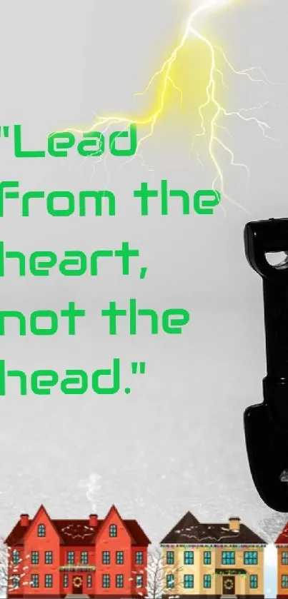 White figure holding spade with quote and colorful houses.