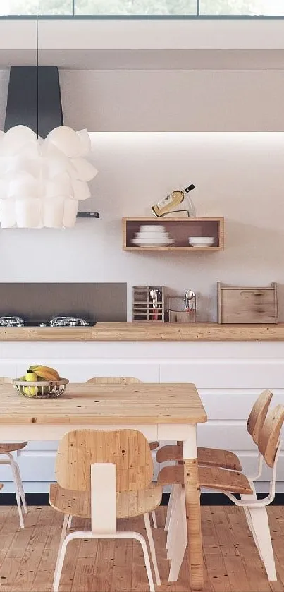 Minimalist kitchen with wooden furniture and ambient lighting.