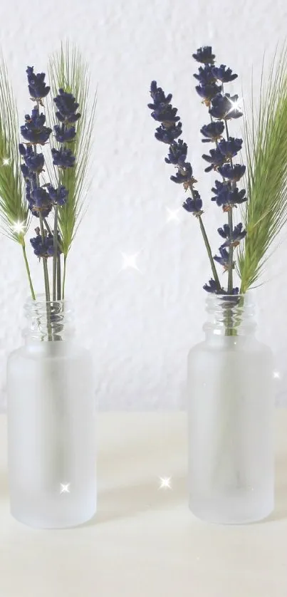 Minimalist lavender and grass in frosted glass bottles on a white background.