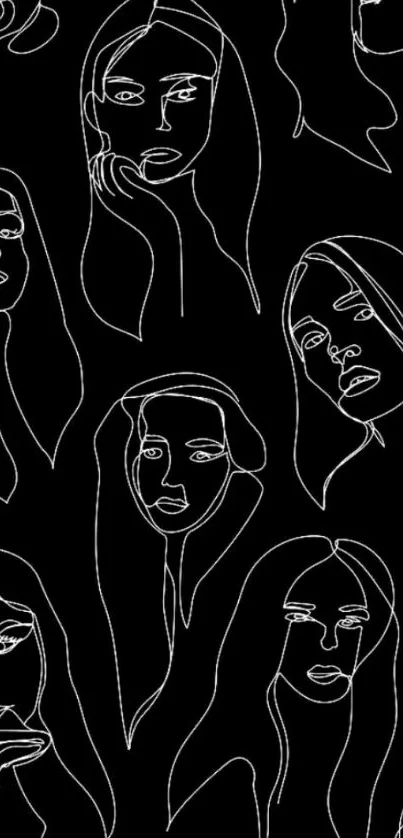 Minimalist line art wallpaper of female portraits on a black background.