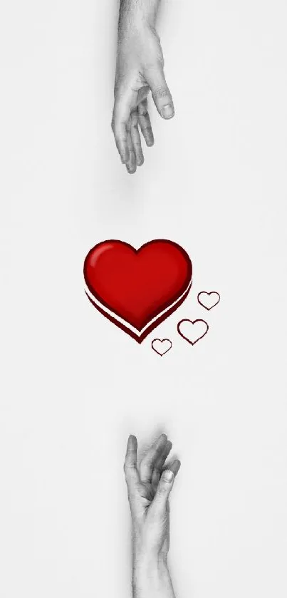 Minimalist wallpaper with hands reaching for a red heart on a white background.