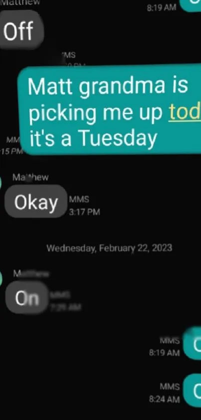 Minimalist phone wallpaper with teal messaging accents on a black background.
