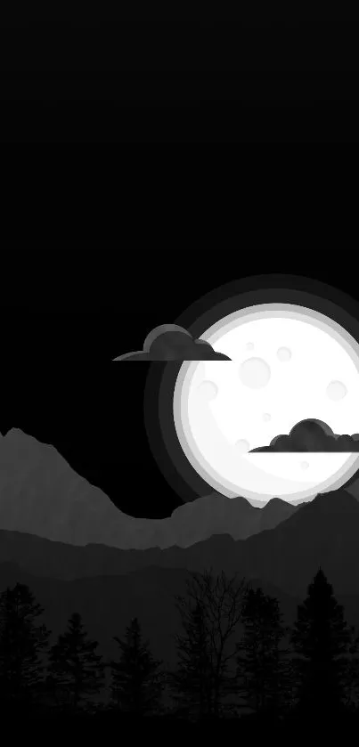 Minimalist grayscale wallpaper of moonlit mountains and trees.