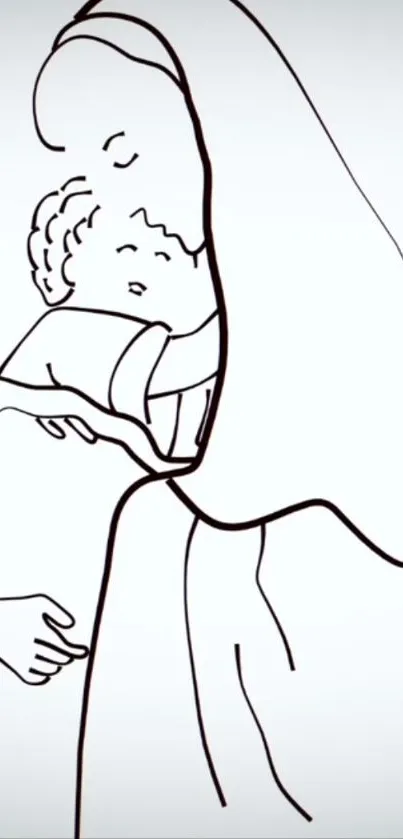 Simple line art of a mother holding child, white background.