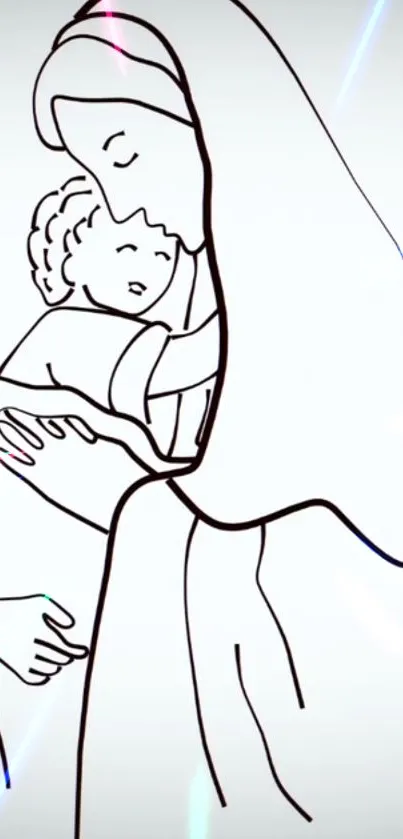 Minimalist line art of a mother gently embracing her child on a serene background.