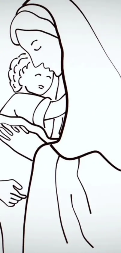 Minimalist line art of mother and child embrace on white background.