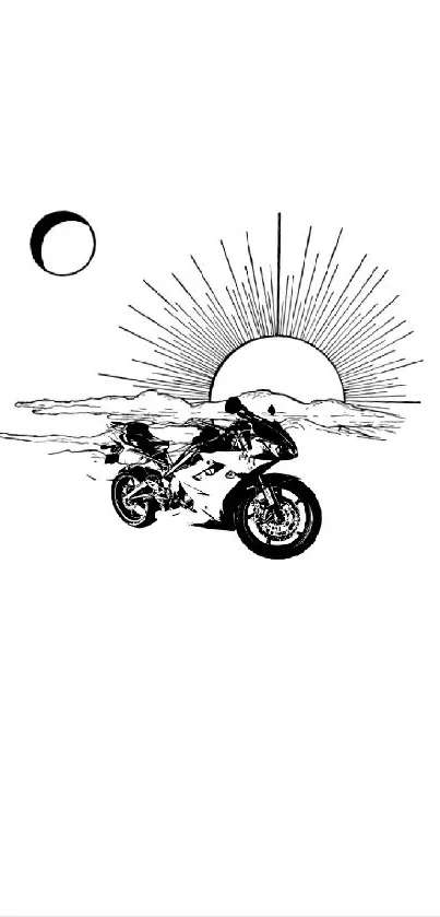 Minimalist black motorcycle with sun and moon in white background.