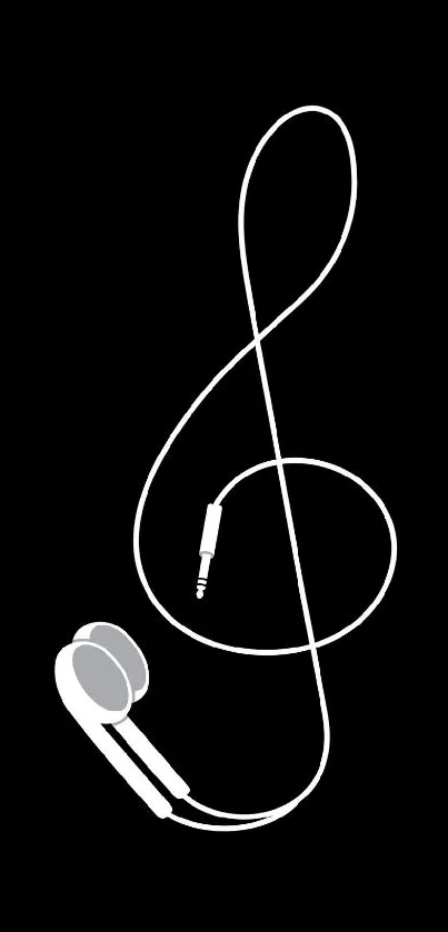 Minimalist wallpaper with earphones forming a musical note on black background.