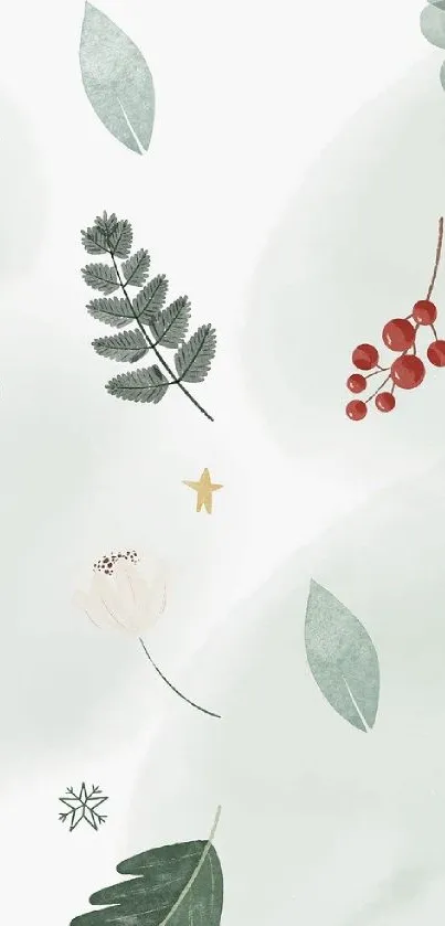 Minimalist nature wallpaper with leaves and berries on white.