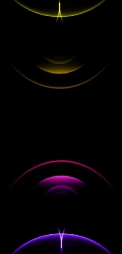 Minimalist neon abstract wallpaper with colorful arcs on black background.