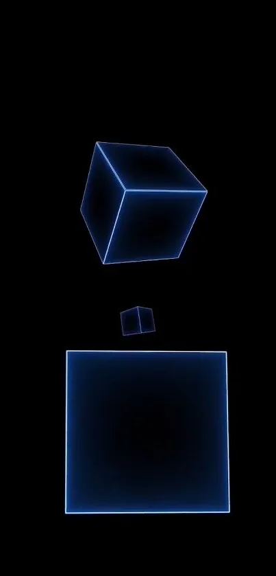 Minimalist neon blue geometric cubes on black background.