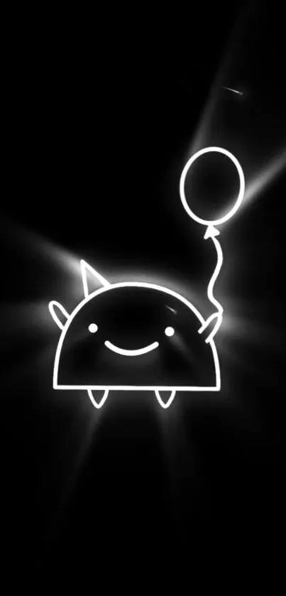 Minimalist neon monster with balloon on black wallpaper.