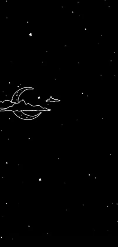 Minimalist night sky with crescent moon and stars on a black background.