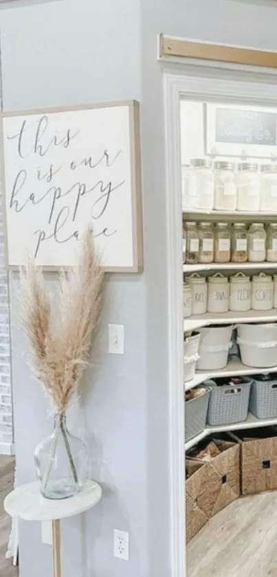 Minimalist pantry with labeled jars and natural decor.