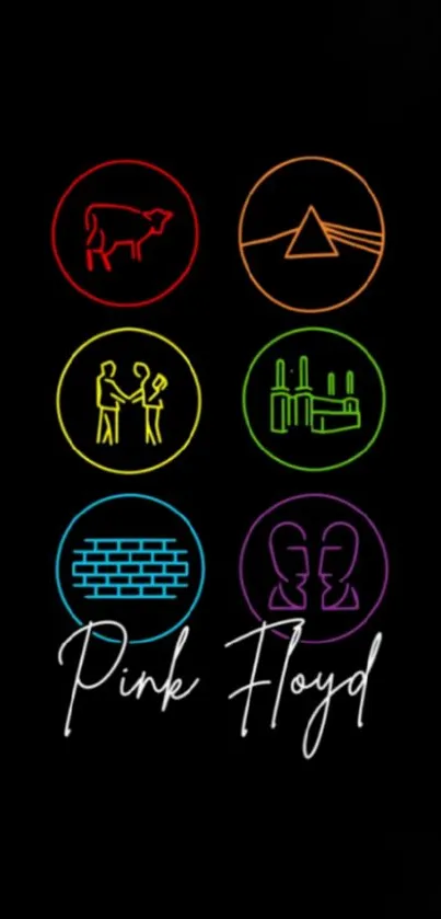 Minimalist Pink Floyd wallpaper with colorful icons on black.