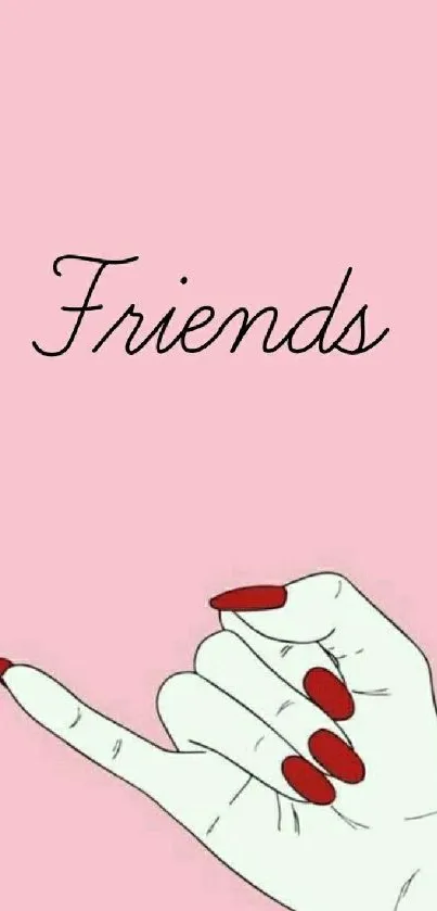 Minimalist pink wallpaper with red-nailed hand and 'Friends' text.