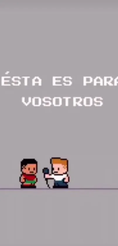 Pixel art wallpaper with characters and Spanish text on gray background.