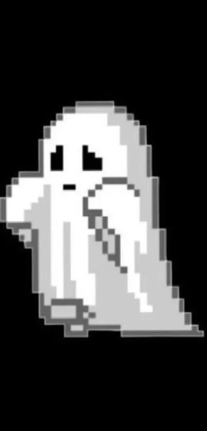 Pixel art ghost with a black background, perfect for a minimalist wallpaper.