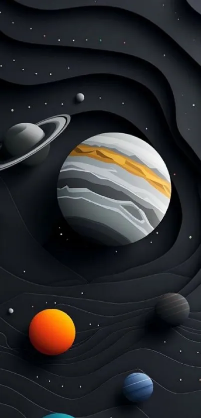 Cosmic art with colorful planets on a black background.