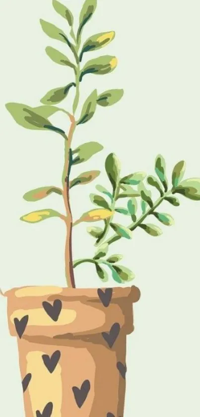 Minimalist wallpaper with a cute potted plant in earthy tones on a light green background.