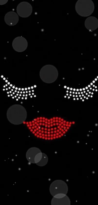 Minimalist wallpaper with red lips and white lashes on black background.