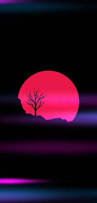 Minimalist wallpaper of a red sun with tree silhouette.