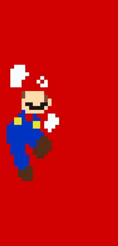 Pixelated retro game character on red background.