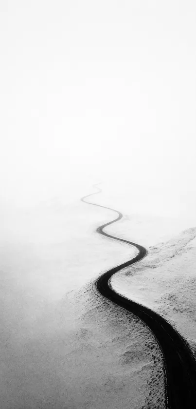 Winding black road in white snowy landscape.