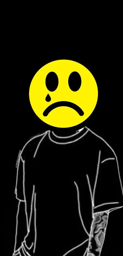 Sad yellow smiley face on black background wallpaper.