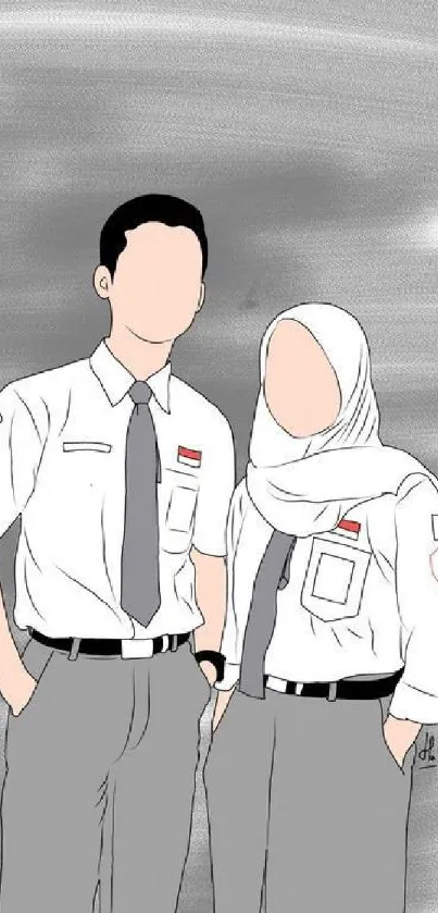 Minimalist illustration of students in school uniforms with gray background.