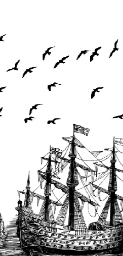 Minimalist ship art with birds on a gray background.