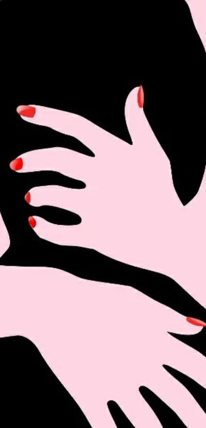 Minimalist black silhouette art with pink background and red-accented hands.