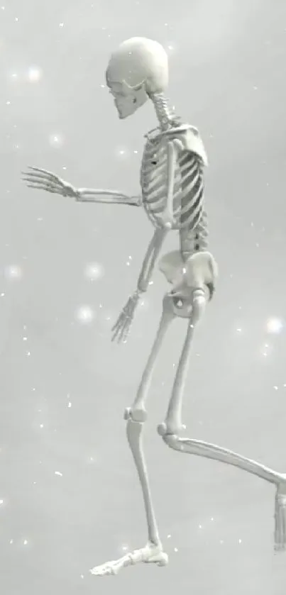 Mobile wallpaper of a walking skeleton on a gray background.